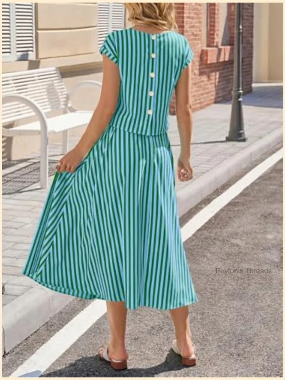 Striped 2 Piece Skirt Set Cap Sleeve Top Midi Dress Travel Vacation Outfits